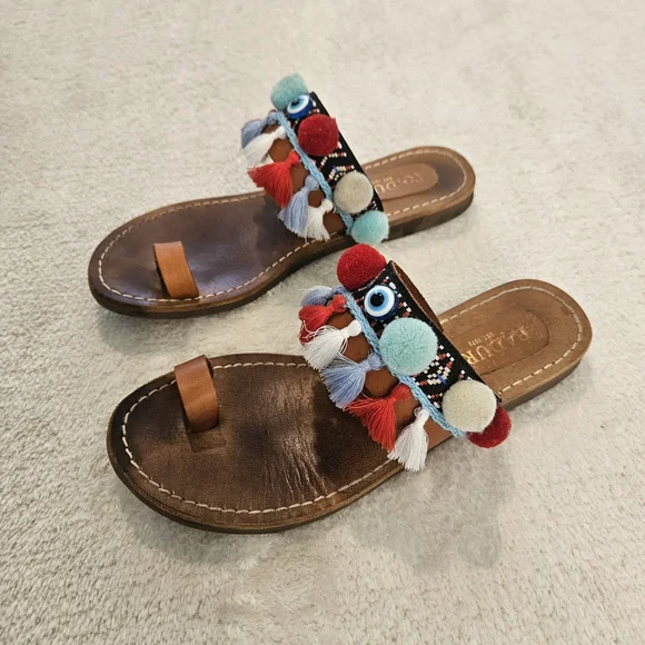 Brown Leather Pom Pom Sandals Colorful Size 9 Bohemian Tassel Western Summer - Picture 3 of 10